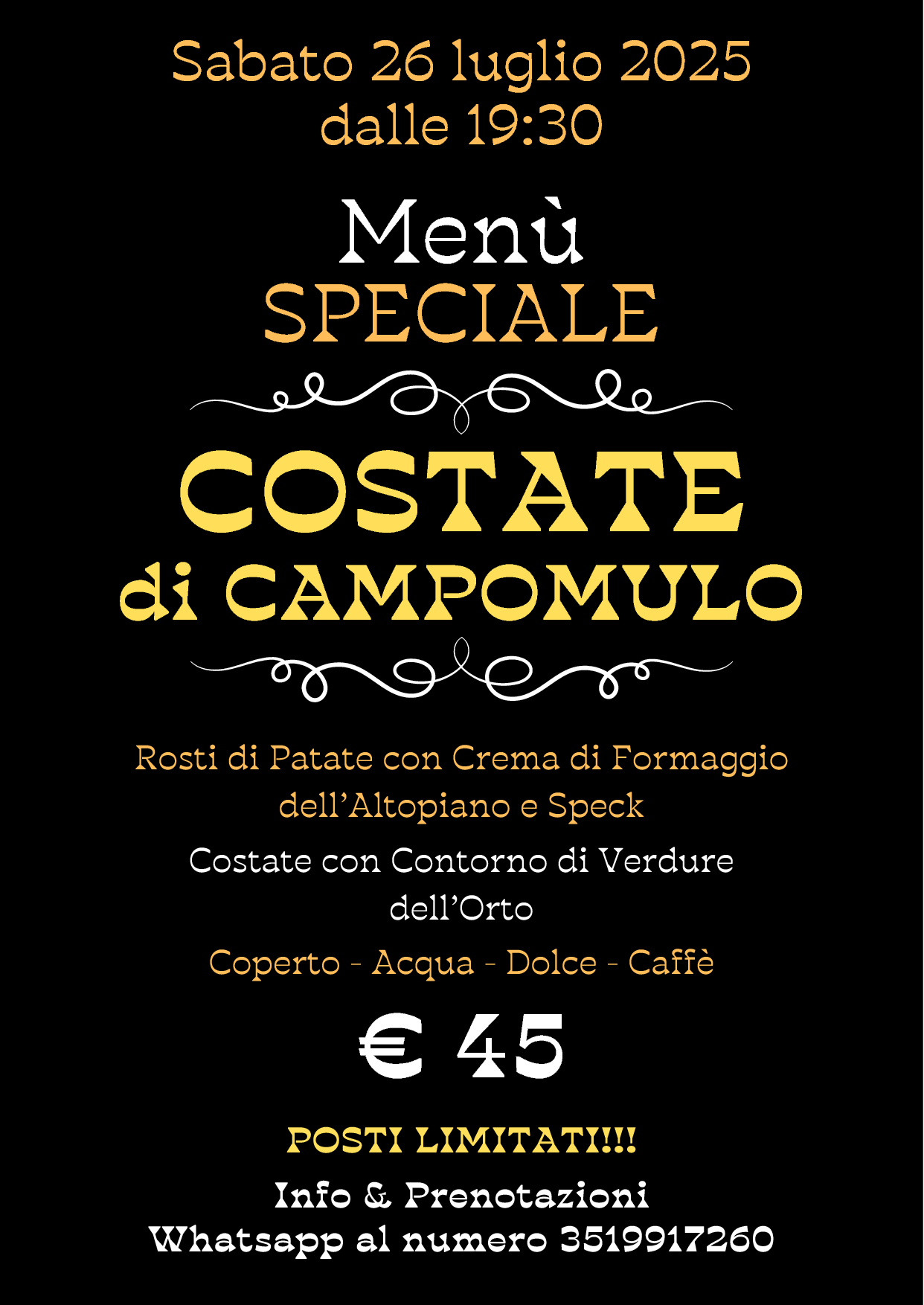 cena con le costate di campomulo sabato 26 luglio 