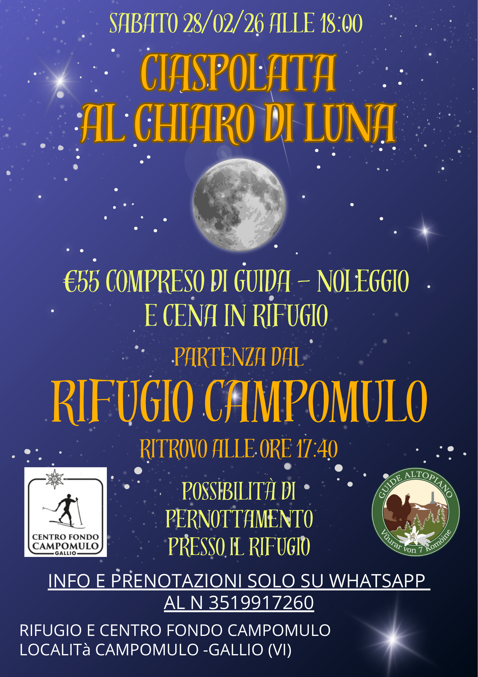 ciaspolata al chiaro di luna con cena al rifugio c